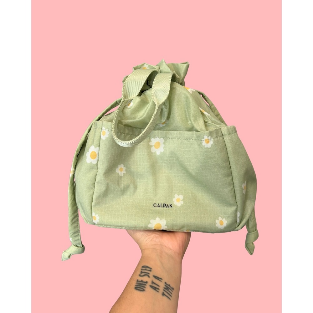 CALPAK Insulated Lunch Bag Daisy Sage Green Drawstring Tote Pockets